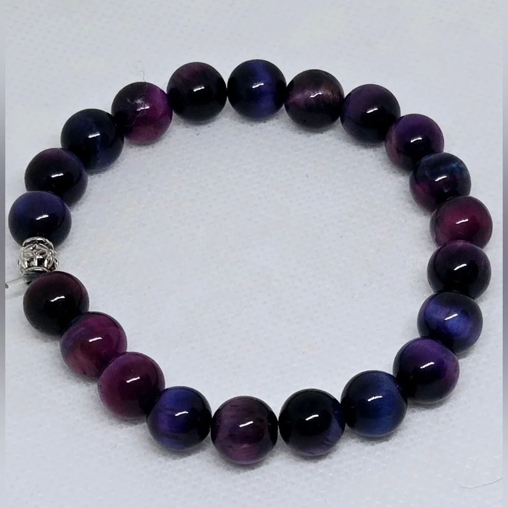 Dyed Purple Tiger’s Eye Gemstone Bracelet – High Shine 8mm Beads - Picture 4 of 4